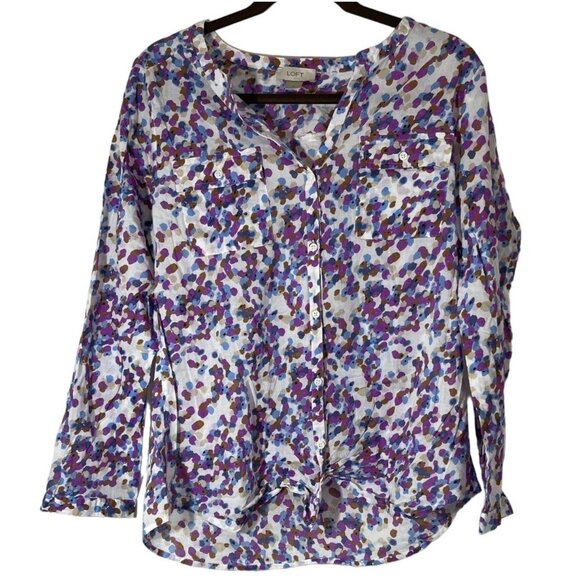 Loft long sleeve button up collar V-neck chest pockets white multicolor med READ - Picture 1 of 8